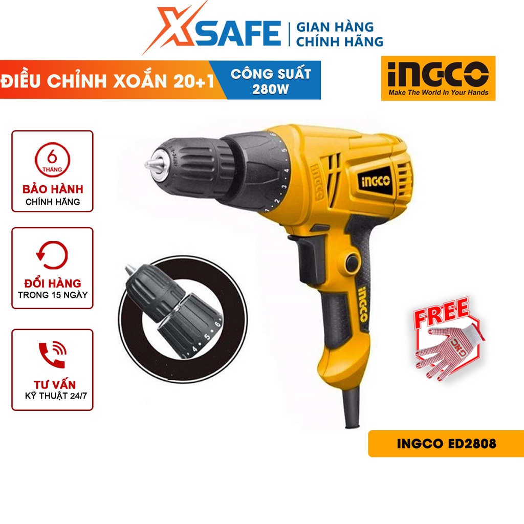 Máy khoan cầm tay 10mm 280W INGCO ED2808 tốc độ 750v/p đầu kẹp 10mm, chức năng đảo chiều, khoan thép 10mm, khoan gỗ 20mm