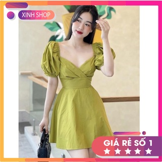 Váy ly chéo ngực, đầm chun tay bồng ôm eo dáng xoè