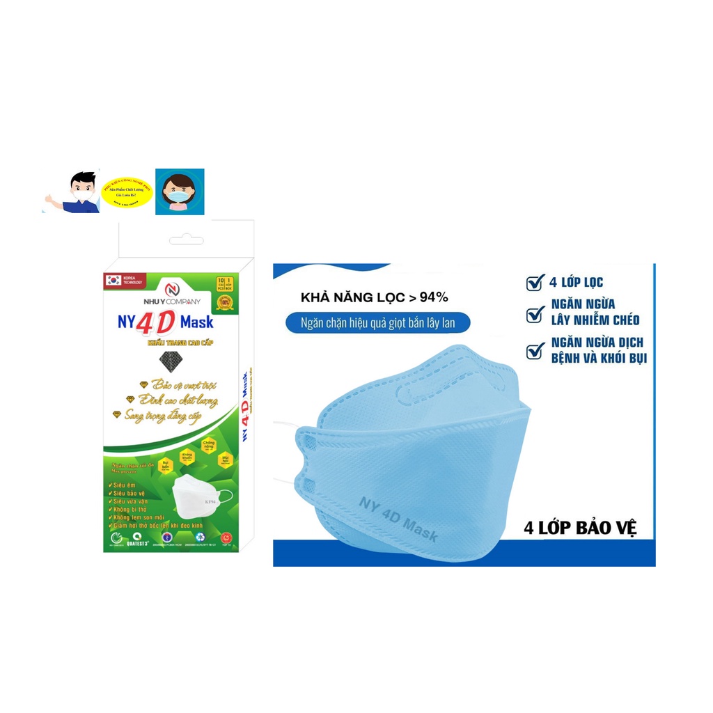 HỘP 10 CÁI KHẨU TRANG NY 4D Mask KF94 Ngăn Bụi Kháng khuẩn Chống nắng Bảo vệ sức khỏe Sản xuất từ Cty Như Ý