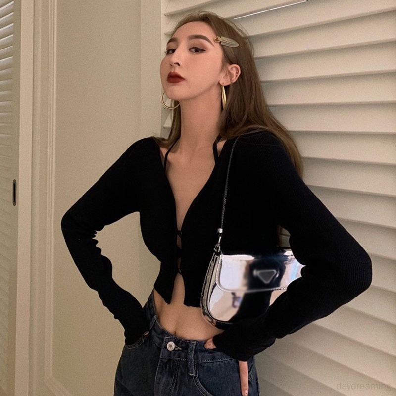 Áo Croptop Tay Dài Màu Trơn Cổ Chữ V Thời Trang Cho Nữ