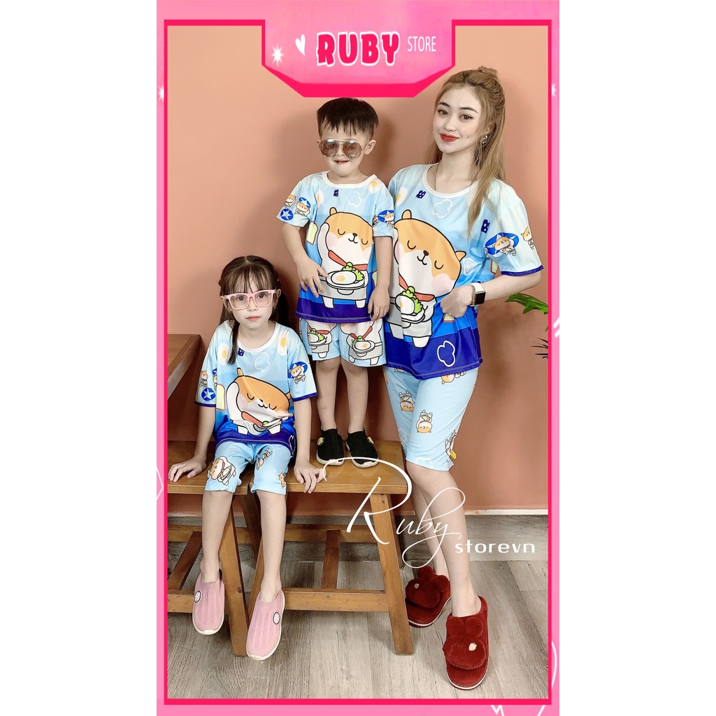 Đồ bộ thun Quần LỬNG mẹ và bé size 7kg - 70kg chất thun mềm mát in hình gấu hoạt hình chibi dễ thương DBRBL FULL SIZE
