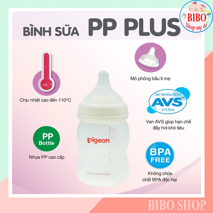 Bình Sữa Cổ Rộng PP Plus Pigeon 160ml/ 240ml/ 330ml, Bình Bú Cho Bé