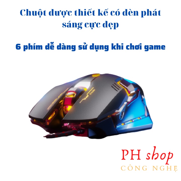 Chuột Chơi Game Có Dây Inphic PB6 có đèn phát sáng hỗ trợ điều chỉnh lên đến 4000DPI, thiết kế chống ồn - Chính Hãng