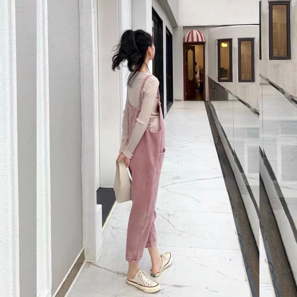 Set Áo Thun Dài Tay + Quần Yếm Thời Trang Cho Mẹ Bầu