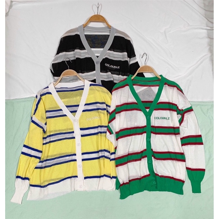 Áo khoác cardigan len mỏng sọc ngang phối màu nổi bật