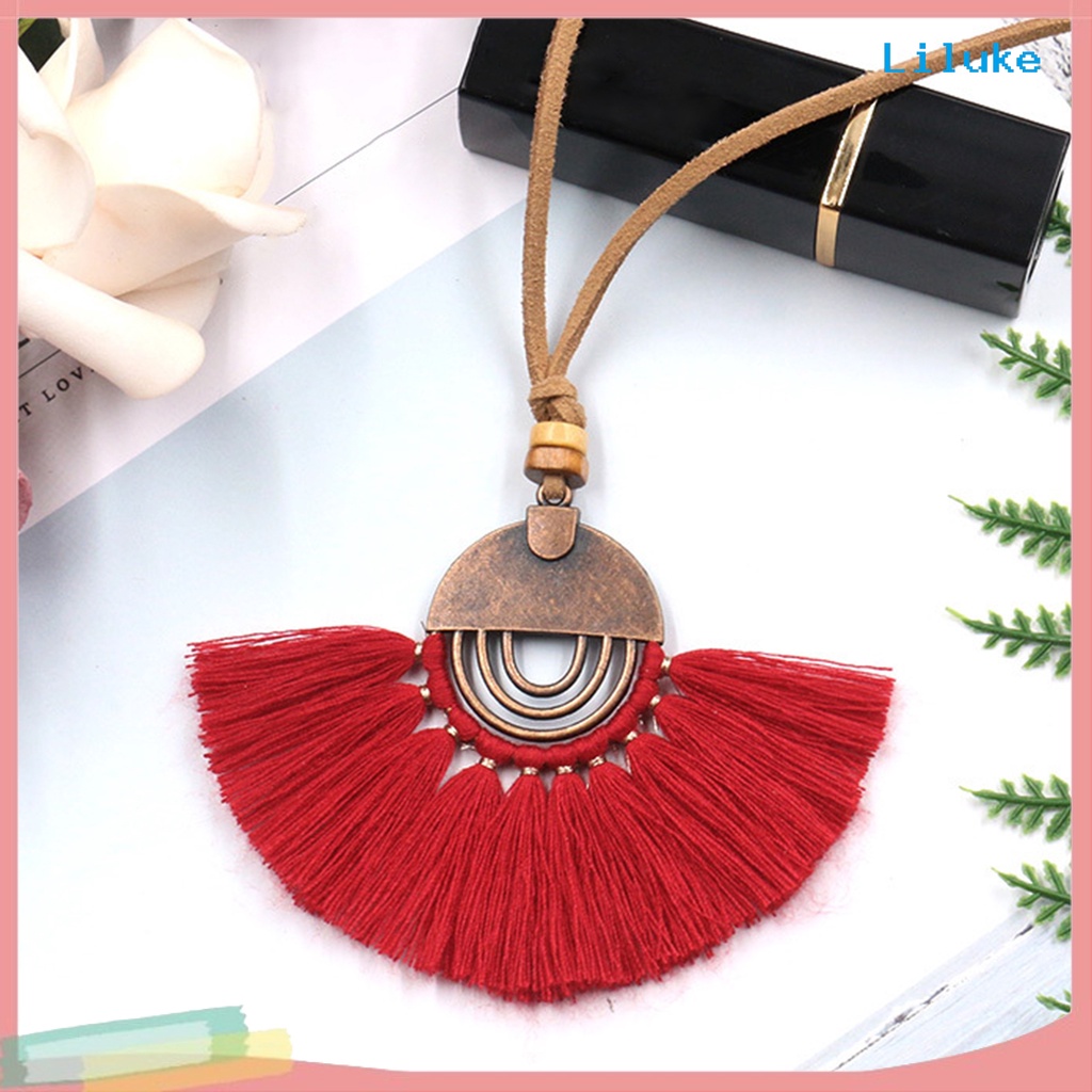 Vòng cổ Hợp Kim Trang Trí Mặt Hình Quạt Phối Tua Rua Phong Cách Bohemian Cho Nữ