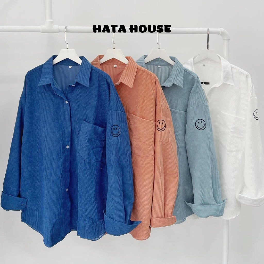 Áo Khoác Nhung THÊU MẶT CƯỜI Kiểu Sơ Mi Áo khoác nhung tăm chống nắng Phong Cách Unisex-HATA HOUSE