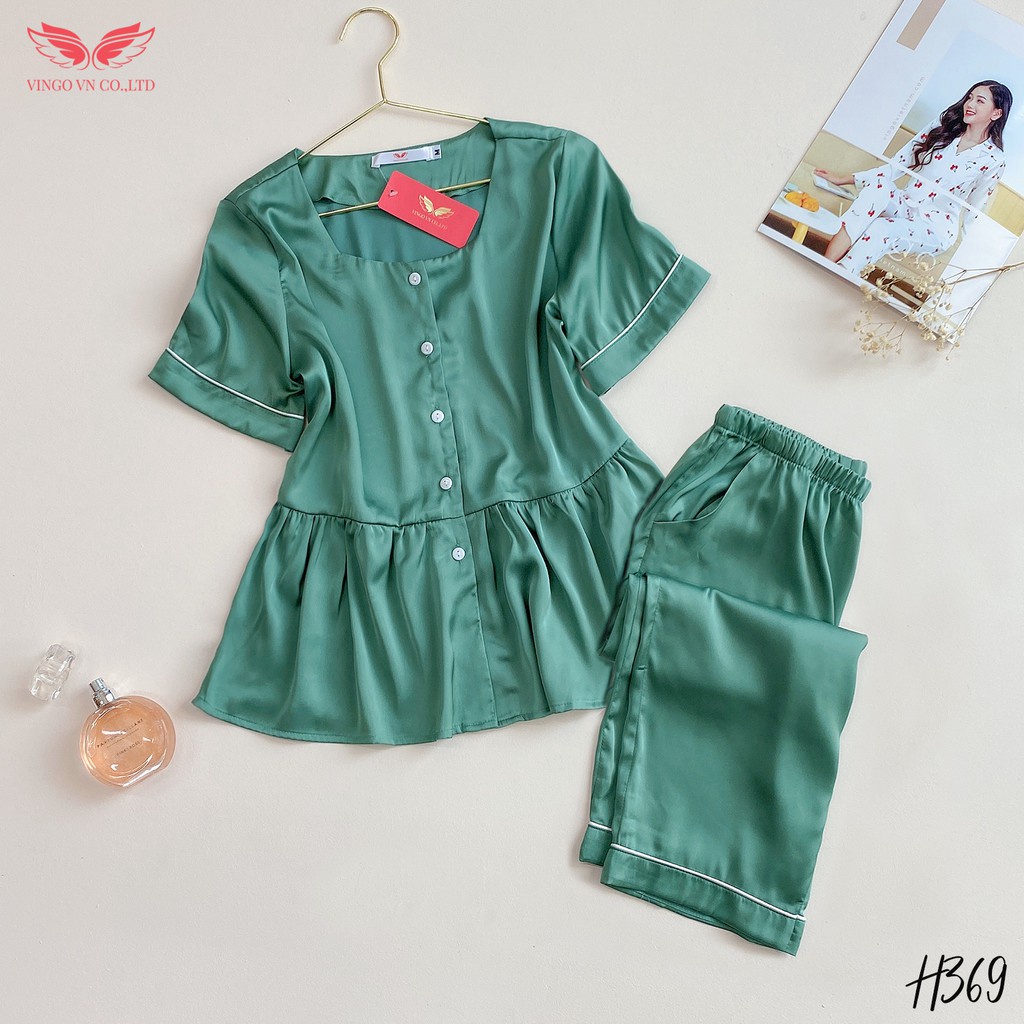 Đồ bộ nữ mặc nhà pijama nữ lụa Pháp mùa Hè mát VINGO áo tay cộc cổ vuông dáng babydoll và quần lửng thanh lịch H369 VNGO