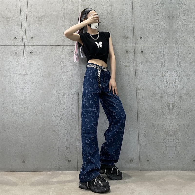Quần jean ống suông cạp cao phong cách hip hop mới 2021