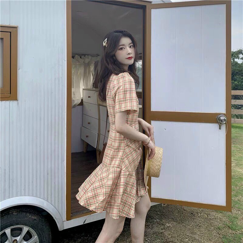 [ Miễn phí ship 2022 ] Váy kẻ caro vintage chất thô mềm dáng xuông đuôi cá, phối nút đơn giản phong cách hàn quốc