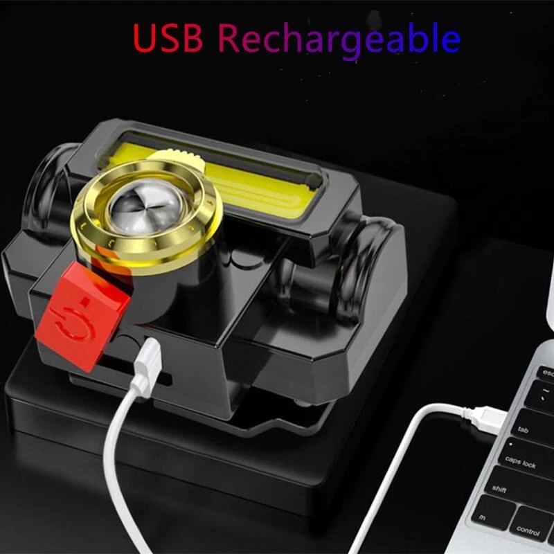 Đèn LED Đội Đầu XPE+COB Mini Sạc USB 1200Ma 18650 Dùng Cho Cắm Trại Ngoài Trời