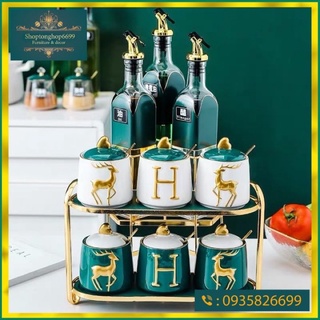 bộ gia vị sứ xanh hình hươu cao cấp