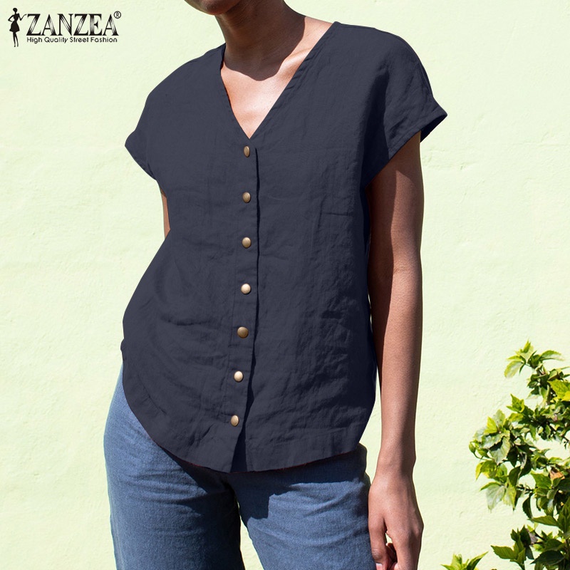 Zanzea Áo liền quần Cotton Ngắn Tay Cổ Chữ V Phong Cách Châu Âu Cho Nữ