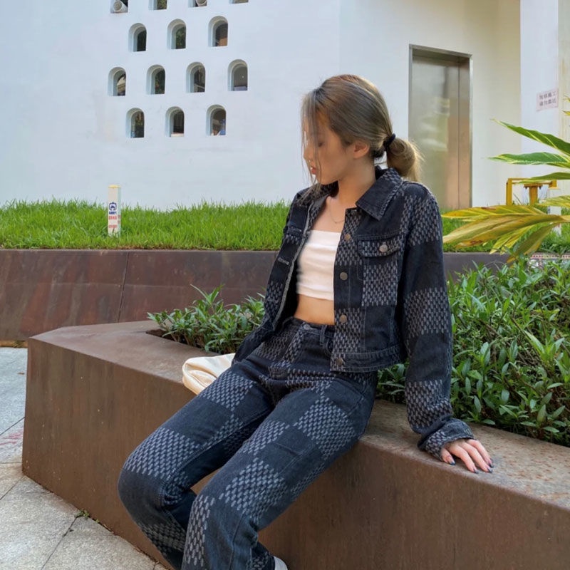 Set Áo Khoác Denim + Quần Dài Lưng Cao Ống Đứng Họa Tiết Sọc Caro Phong Cách Mỹ Thời Trang Mùa Thu Cho Nữ