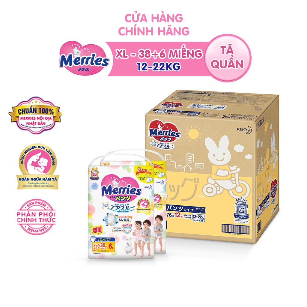 Thùng 2 Tã quần Merries cộng miếng đủ size M64/L50/XL44/XXL28