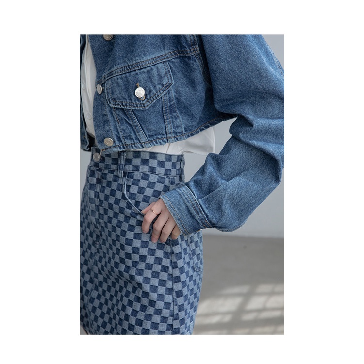 Chân váy jean Chữ A Lưng Cao Họa Tiết Sọc Caro Phong Cách Retro Cho Nữ