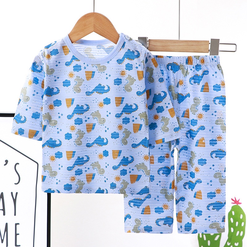 Bộ đồ ngủ cotton tay lửng in họa tiết hoạt hình thời trang mùa hè dành cho bé 80-150