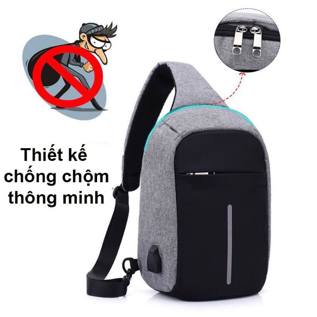 Túi Đeo Chéo Nam Cổng USB Sặc Điện Thoại Da Phối Vải Polyester Cao Cấp