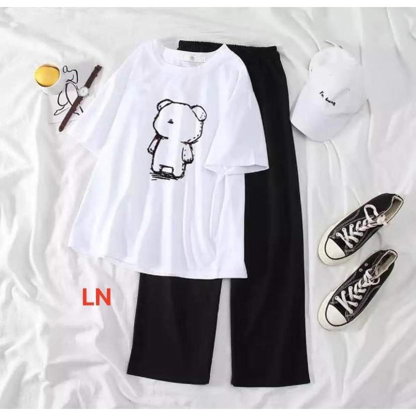 Set đồ nữ,đồ bộ bigsize nữ mặc nhà đi chơi ,Set áo phông gấu kèm quần ống rộng vải đen