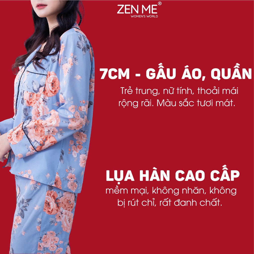 Bộ đồ Nữ mặc nhà Zen Me chất lụa Hàn cao cấp dáng dài họa tiết trang nhã - Đồ Ngủ Nữ Mền Mượt Nhẹ Mịn PJD1021