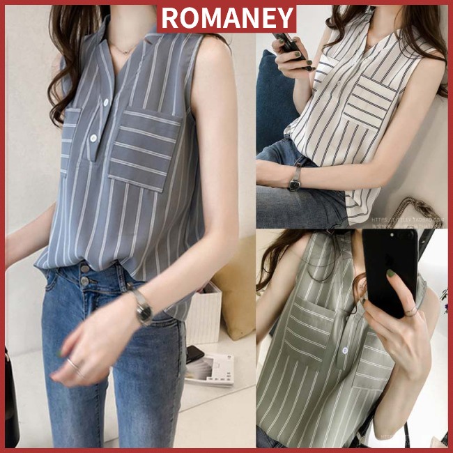 Áo Voan Sát Nách Cổ Chữ V Form Rộng Họa Tiết Kẻ Sọc Thời Trang Cho Nữ