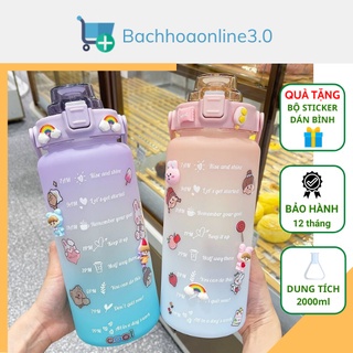 Bình nước 2 lít tặng Sticker dành cho người lười uống nước EOMART  bình nước cute 2L có ống hút, vạch chia nhắc giờ