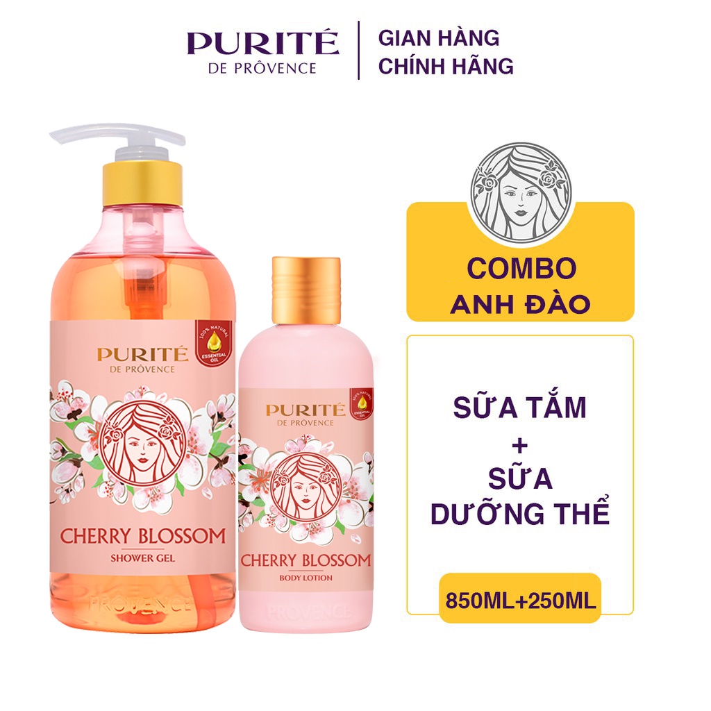 Combo Sữa tắm Purité Hoa Anh Đào 850ml + Sữa dưỡng thể Purité Hoa Anh Đào 250ml