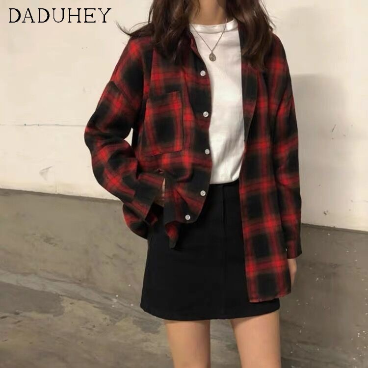 Áo khoác sơ mi DADUHEY tay dài kẻ sọc ca rô kiểu retro Hàn Quốc cá tính cho nam và nữ 3 màu lựa chọn