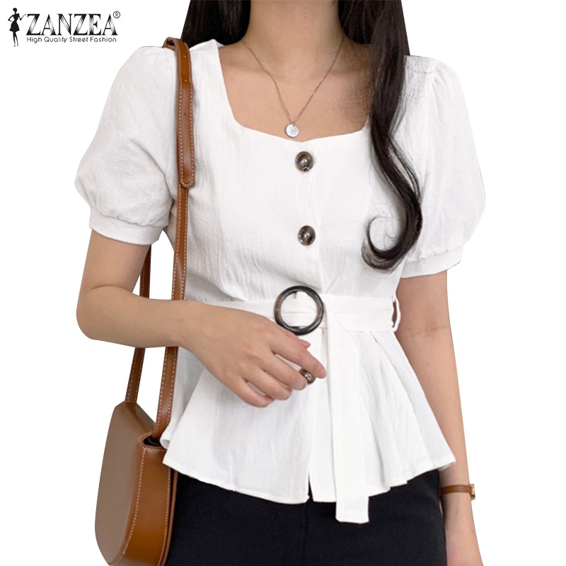 Zanzea Áo Kiểu Tay Phồng Ngắn Cổ Vuông Kèm Thắt Lưng Phong Cách Hàn Quốc Thời Trang Cho Nữ