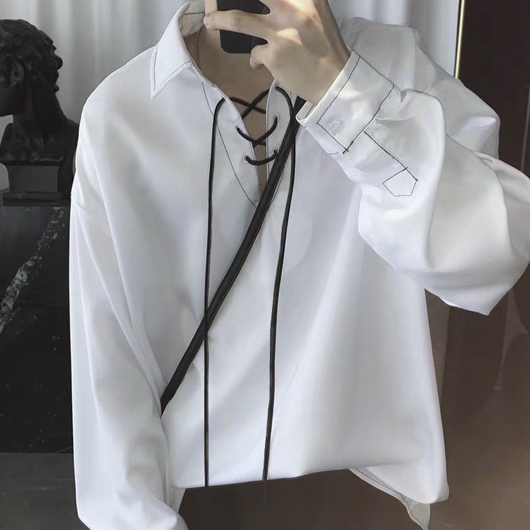 Sơ mi form rộng đan dây cổ