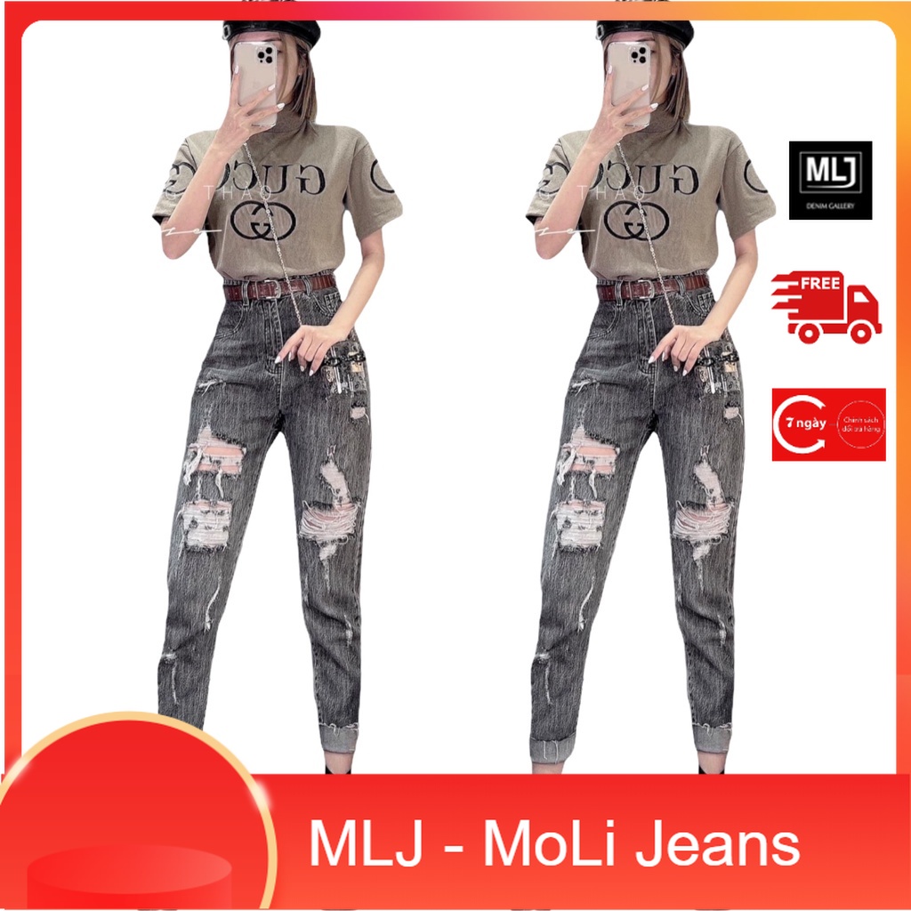 Quần jean dài phom Baggy/boyfriend co dãn mạnh, lưng cao, màu xám loang rách đẹp Siêu Phẩm 4093