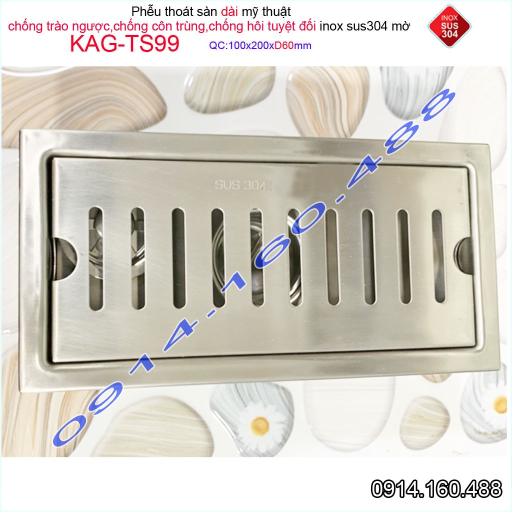 Phễu thoát sàn 10x20 cm KAG-TS99 (D60), thoát sàn nhà tắm chữ nhật SUS304 inox dập khuôn sáng bóng cao cấp