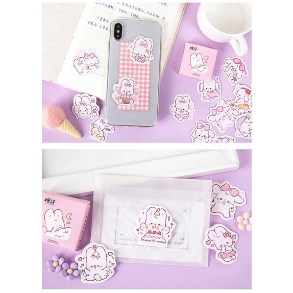 Hộp 45 hình dán sticker trang trí thỏ trắng M399