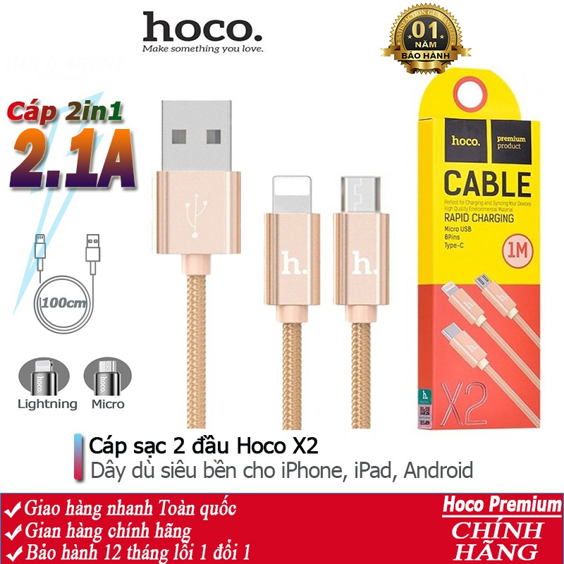 Cáp sạc 2 đầu HOCO X2 siêu bền đầu Lightning, Micro dây dài 1m - Chính hãng