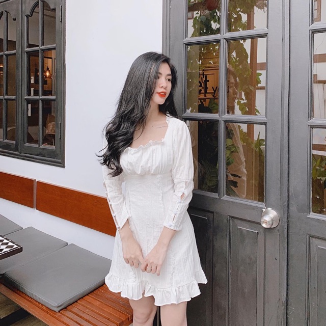 Đầm kiểu màu trắng tay dài Fillaa dress basic chất dày 2 lớp sau lưng bo chun thoải mái from chuẩn vải cotton theu