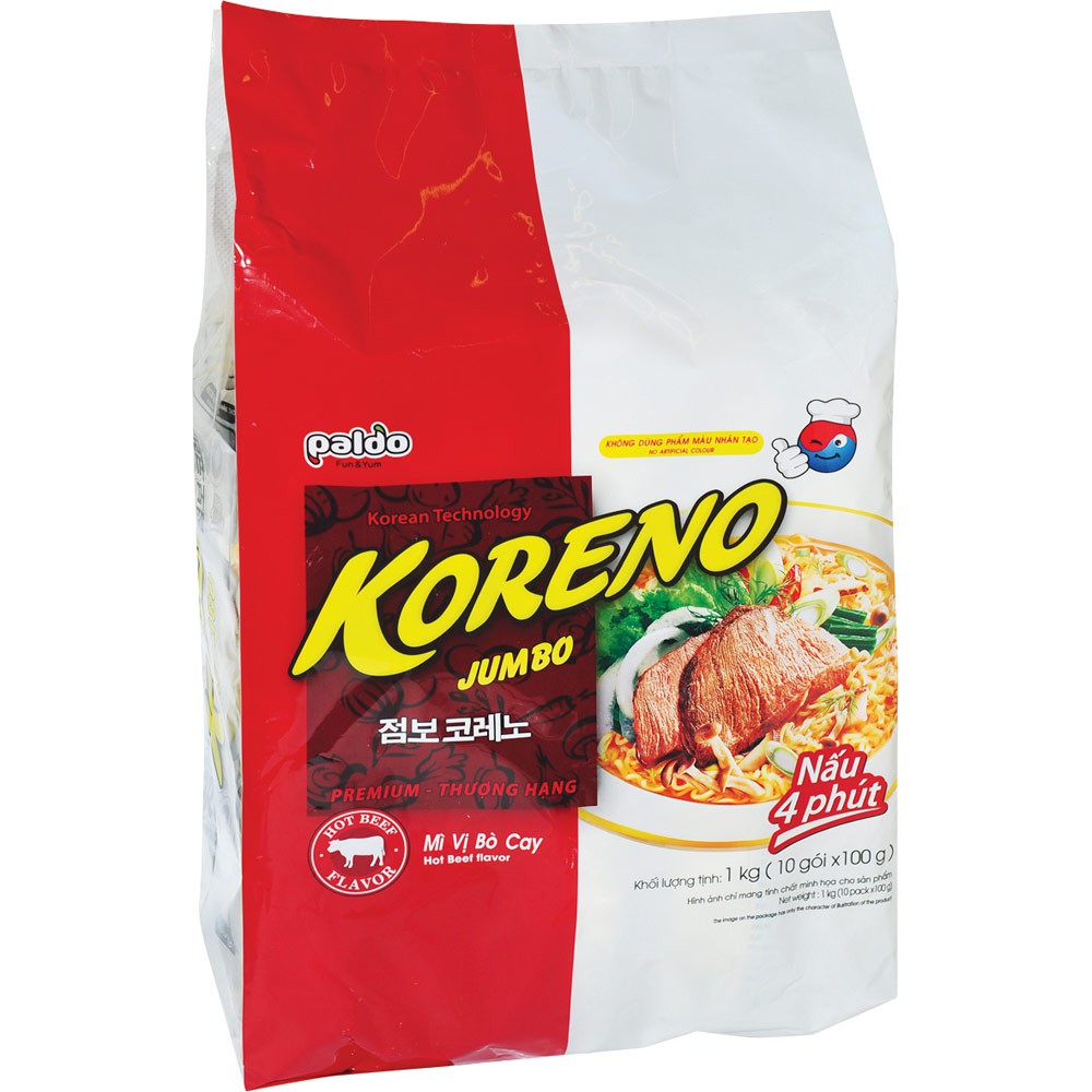 Mì Jumbo Koreno vị tôm/.kim chi/ gà/ bò cay lốc 10 gói x 100g