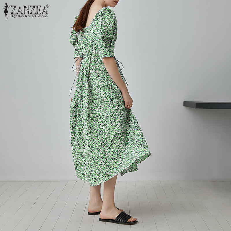 Đầm Maxi ZANZEA Tay Phồng Cổ Vuông In Hoa Phong Cách Xếp Ly Đáng Yêu Cho Nữ | BigBuy360 - bigbuy360.vn