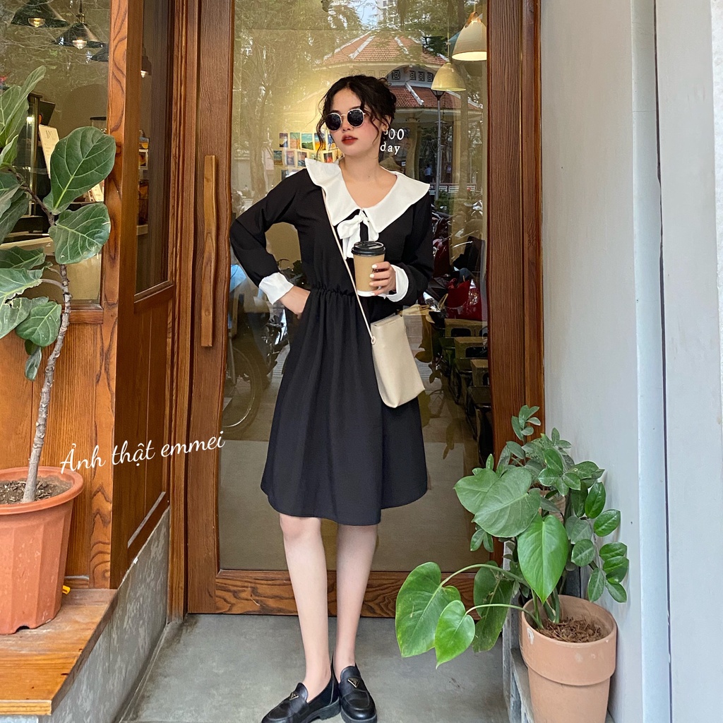 Váy babydoll nơ cổ dài tay trắng đen, đầm tiểu thư emmei v114