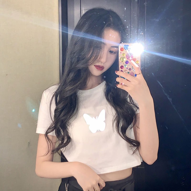 Hàng Có Sẵn! Áo Thun Ngắn Nữ In Hình Bướm Dạ QuangBướm Dạ Quang Váy crop top