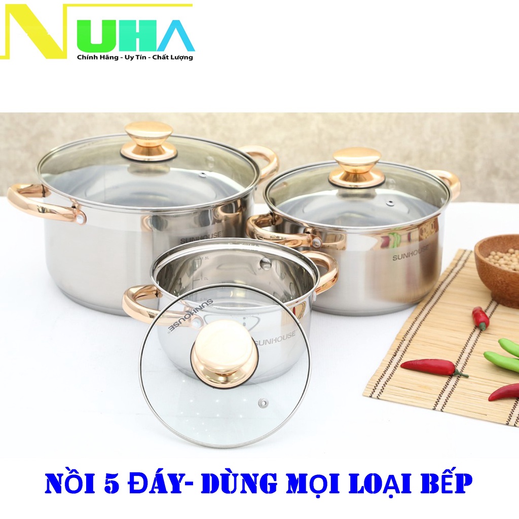 Bộ Nồi SUNHOUSE Inox cao cấp đáy dày 5 Lớp SH781(16-20-24cm)có bán lẻ size, nấu được trên bếp từ