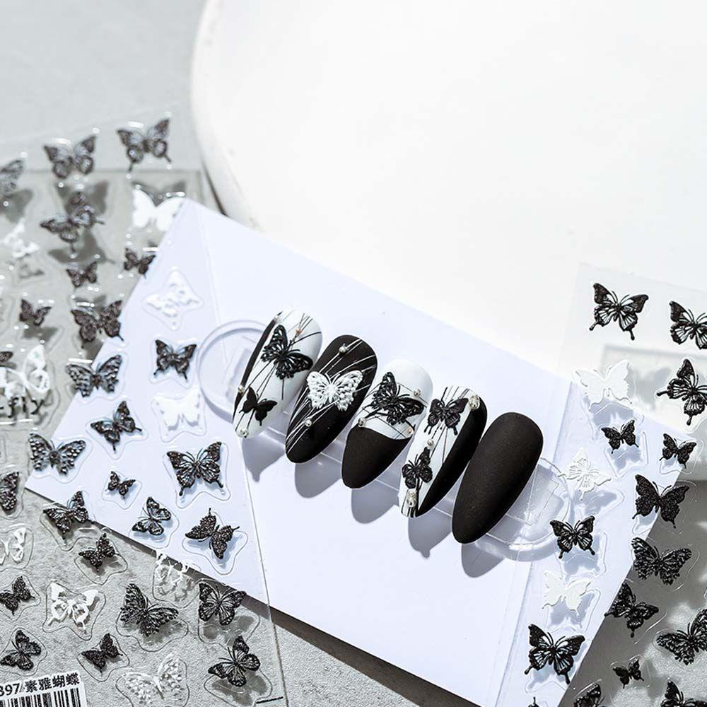 OCEANMAP 5D Engraved Nail Sticker Fashion Simple Manicure Embosse Design Black White Slider Wraps Butterffly Nail Foils