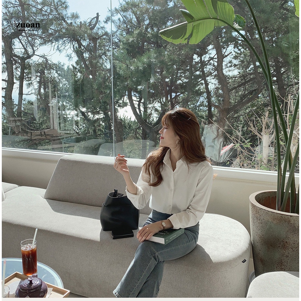 Áo sơ mi SUXI tay dài màu trơn đơn giản phong cách Hàn Quốc cho nữ