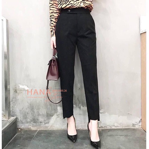 Quần baggy công sở gấu ống lệch dáng dài màu Đen vải dày mịn - Kiểu quần tây ống đứng cúc lệch phối áo sơ mi mặc đi học