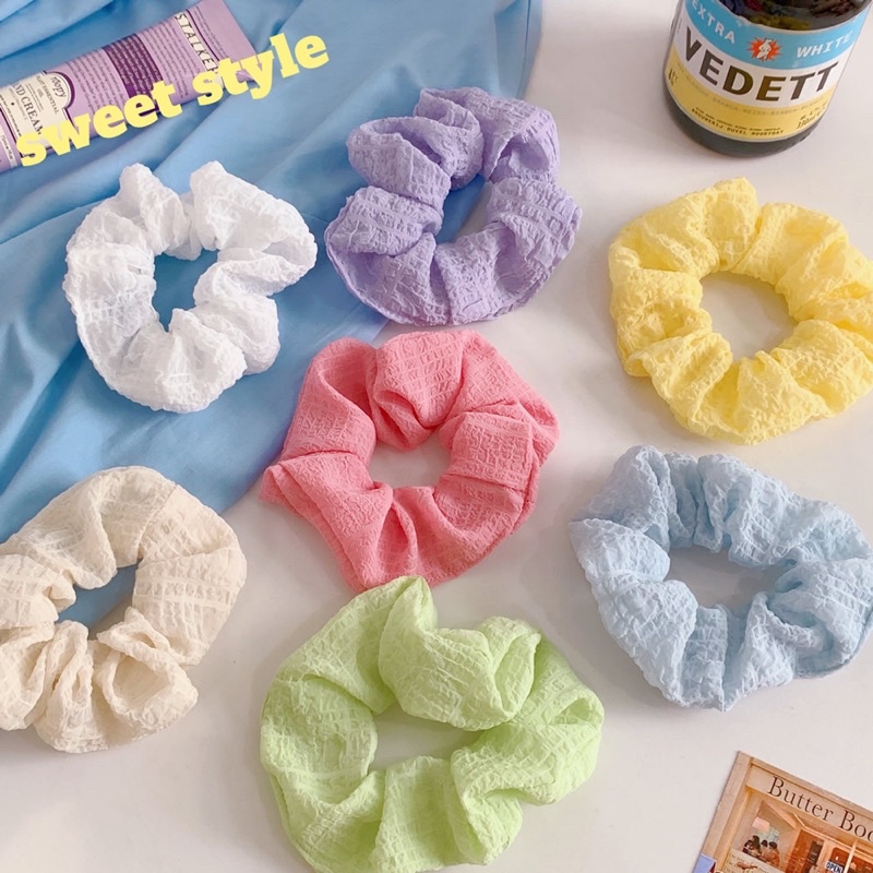 Dây buộc tóc Scrunchies vải đũi xốp trơn nhiều màu phong cách hàn quốc cho nữ