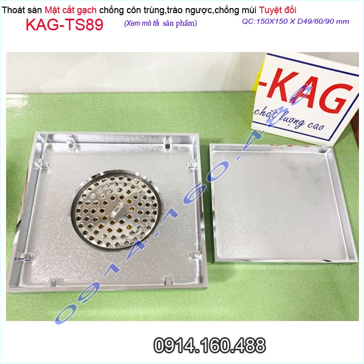 Thoát sàn mặt cắt gạch 15x15cm, thoát sàn âm KAG-TS89, phễu thoát sàn chống hôi chống côn trùng Inox Roca