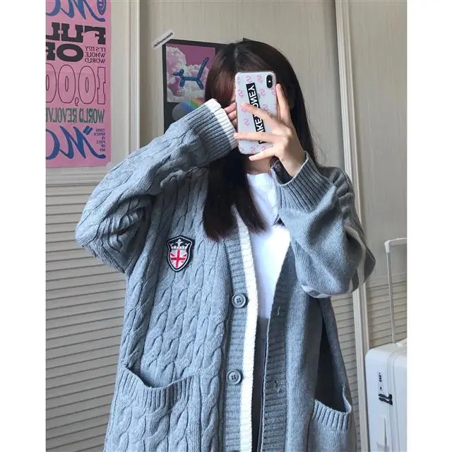  Áo Khoác Cardigan Dệt Kim Cổ Chữ V Dáng Rộng Phong Cách Retro Anh Quốc Có Size Lớn M~4XL