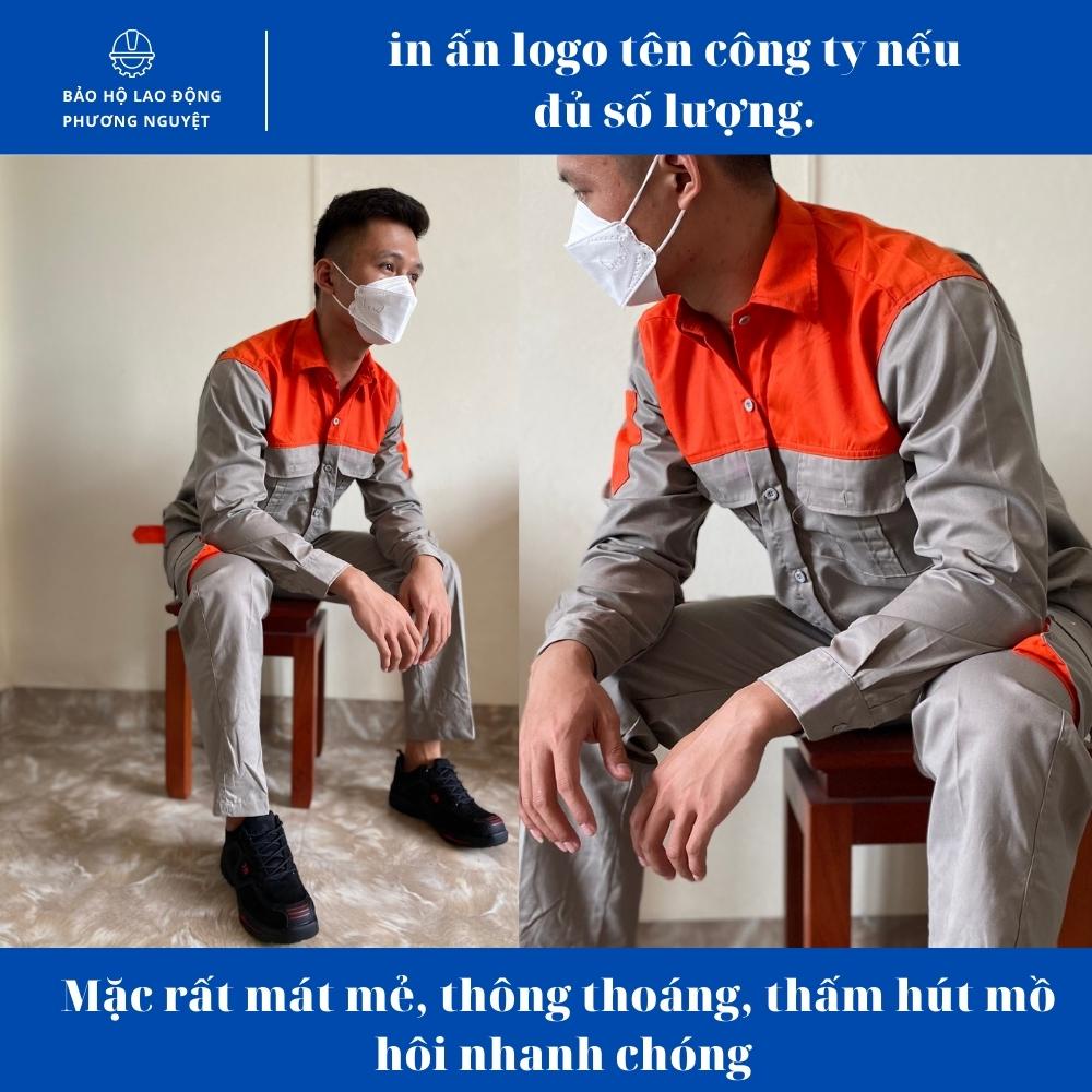 Quần áo bảo hộ lao động màu ghi phối cam, quần áo kỹ sư vải kaki 3/1 thoáng mát, không phai, không xù, không dão