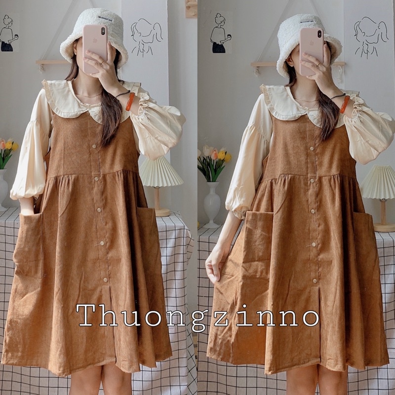 [Ảnh thật/Video]Set Yếm nhung Zmin gồm áo và váy dáng dài ulzzang, chất liệu nhung tăm