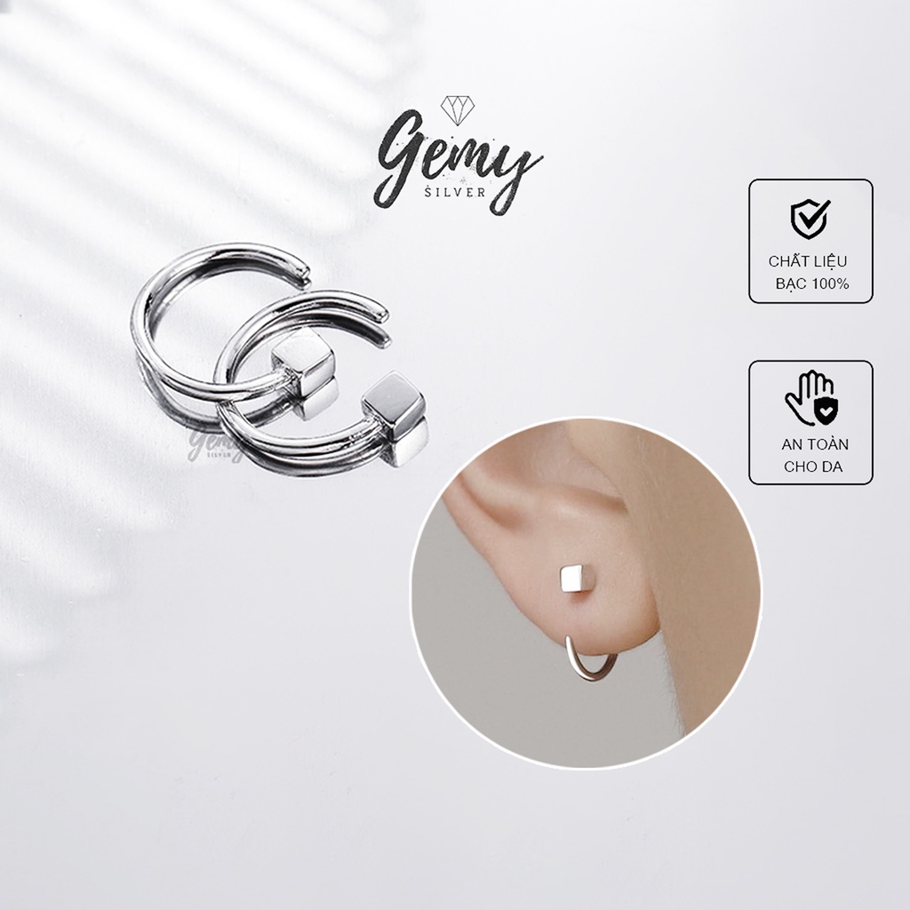 Khuyên tai nam bạc tròn mặt hình vuông móc cong unisex basic  | GEMY SILVER KN61