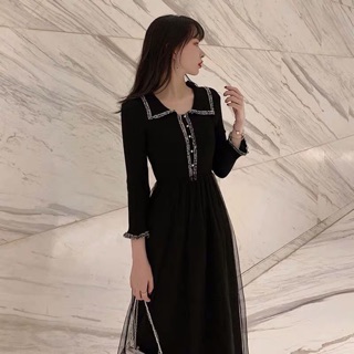 (Order) bigsize M-4XL Đầm cổ đức cách điệu viền phối chân váy ren xoè dài